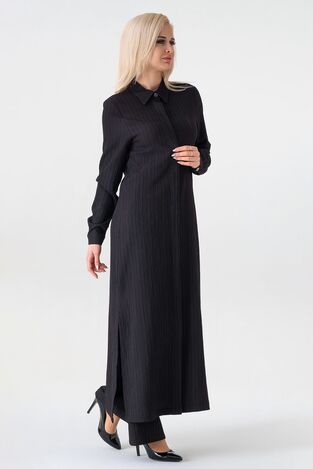 Crinkle Kumaş Uzun Gizli Patlı Tunik - Siyah - FSC3142 