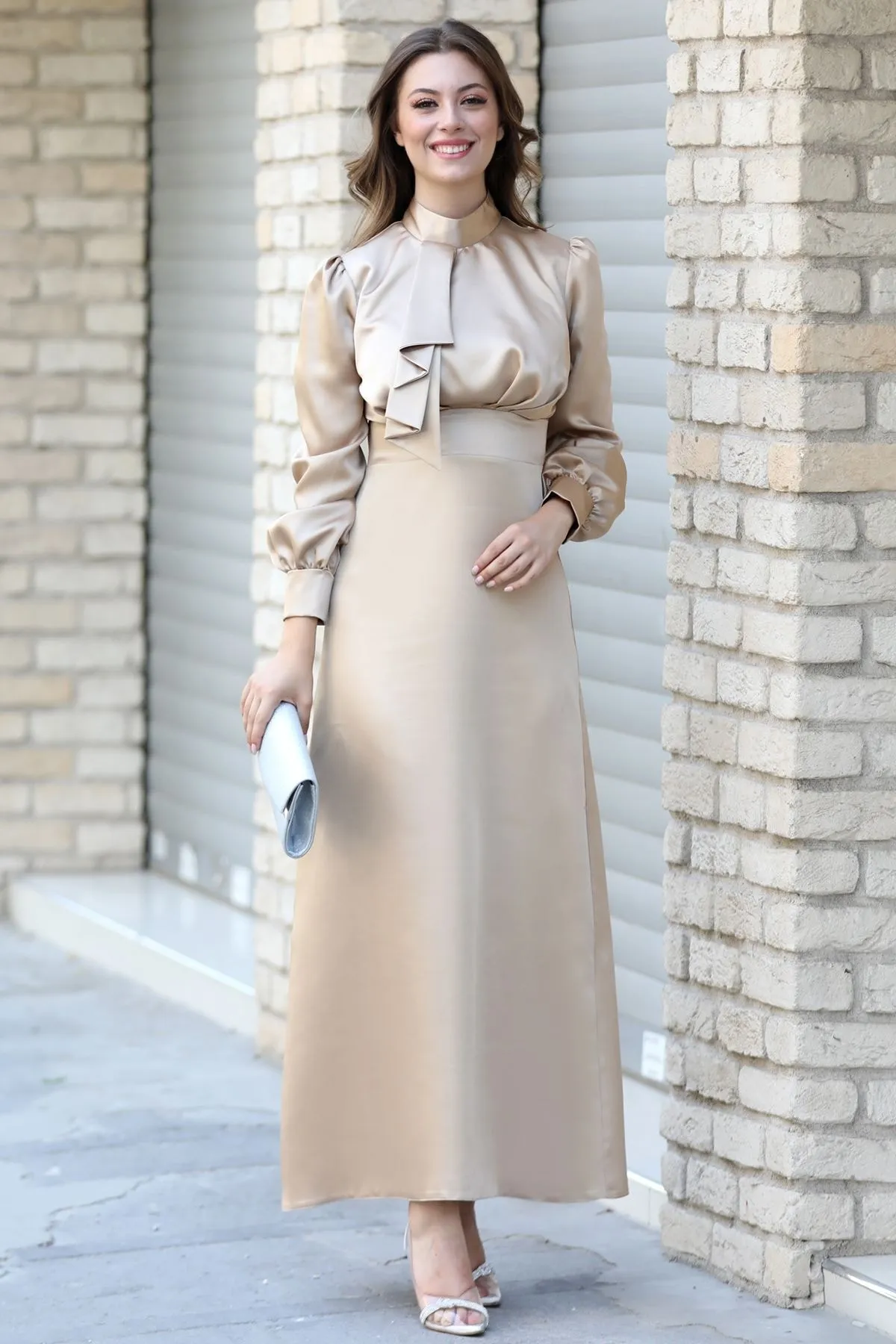 Damla Saten Abiye Bej - SEMRA AYDIN - SMR1024 