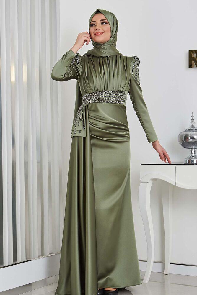 Drapeli Taş Detay Kuyruklu Alina Saten Tesettür Abiye - Haki 