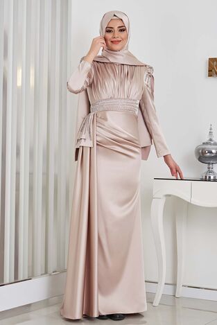 Drapeli Taş Detay Kuyruklu Alina Saten Tesettür Abiye - Taş 