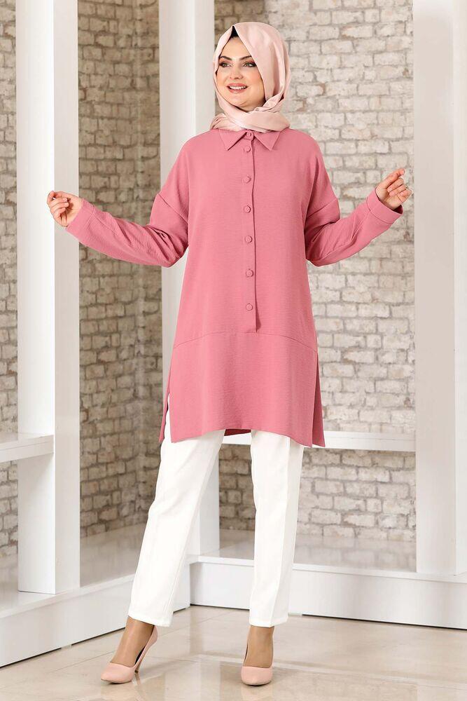 Düğme Detay Salaş Tunik Gül Kurusu - Fashion Showcase Design - FSC2033 - Fashion Showcase Design