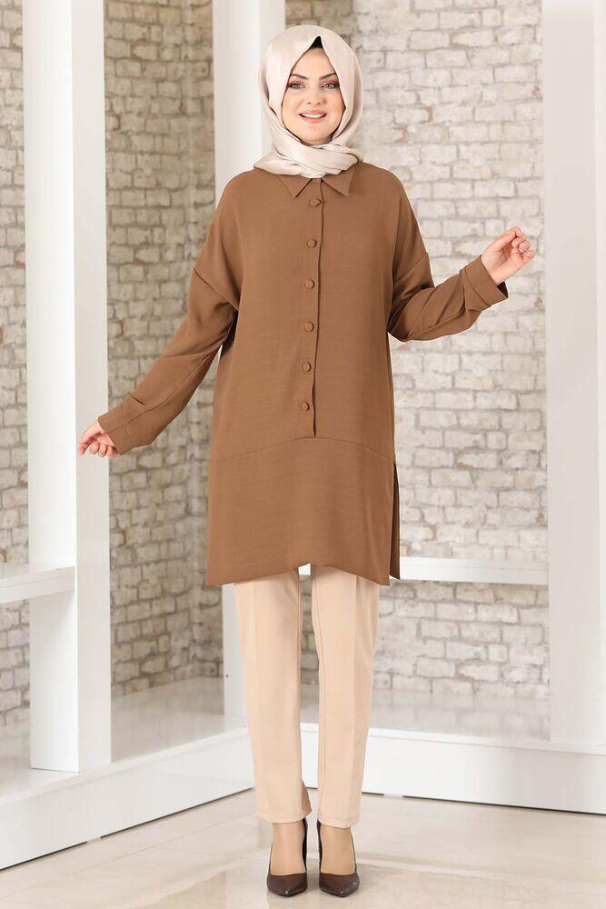 Düğme Detay Salaş Tunik Kahve - Fashion Showcase Design - FSC2033 - Fashion Showcase Design