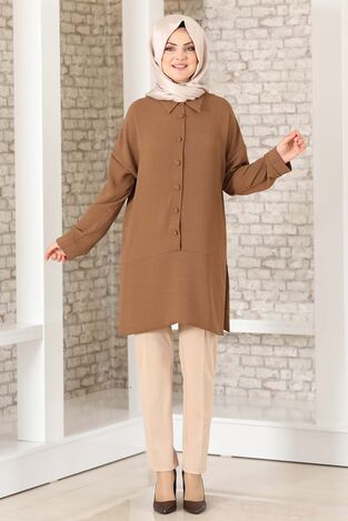 Düğme Detay Salaş Tunik Kahve - Fashion Showcase Design - FSC2033 
