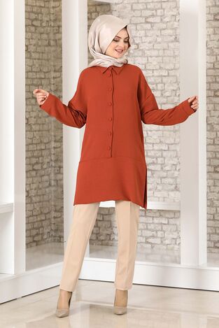 Düğme Detay Salaş Tunik Kiremit - Fashion Showcase Design - FSC2033 
