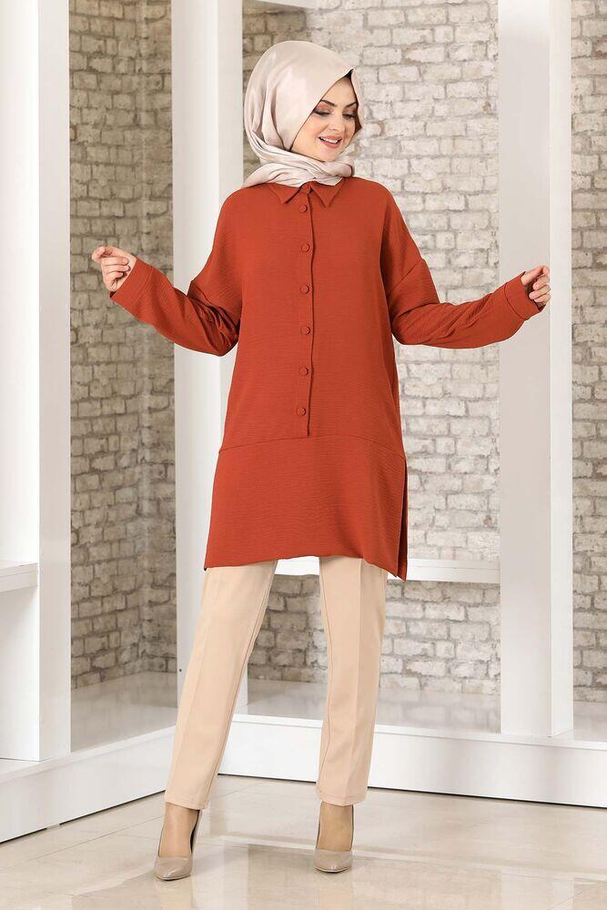 Düğme Detay Salaş Tunik Kiremit - Fashion Showcase Design - FSC2033 - Fashion Showcase Design