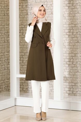 Düğme Detay Yelek Haki - Fashion Showcase Design - FSC2038 - Fashion Showcase Design