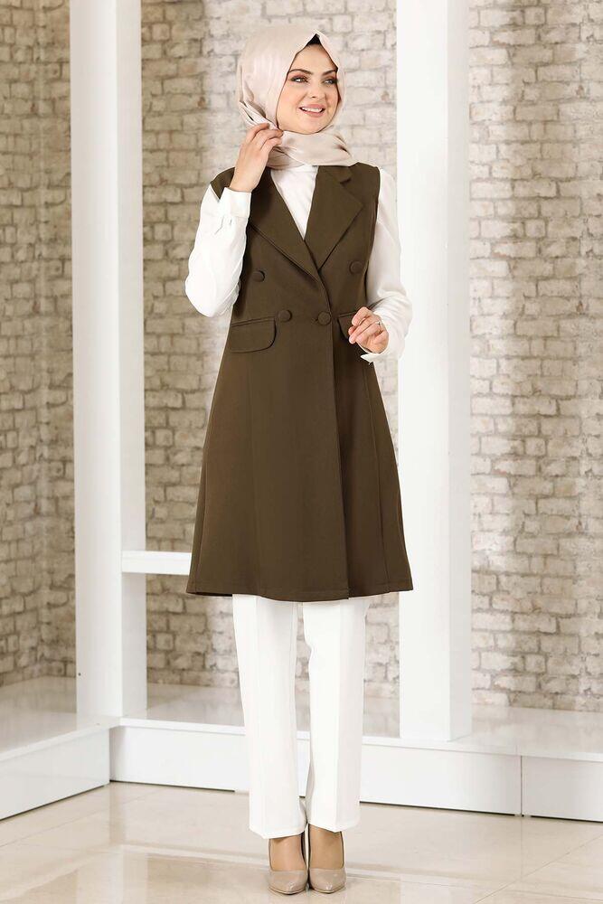 Düğme Detay Yelek Haki - Fashion Showcase Design - FSC2038 - Fashion Showcase Design