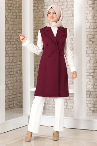 Düğme Detay Yelek Mürdüm - Fashion Showcase Design - FSC2038 - Fashion Showcase Design