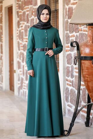Düğmeli Masal ELbise Zümrüt - Ahunur Moda Tesettür Giyim - AHN1003 