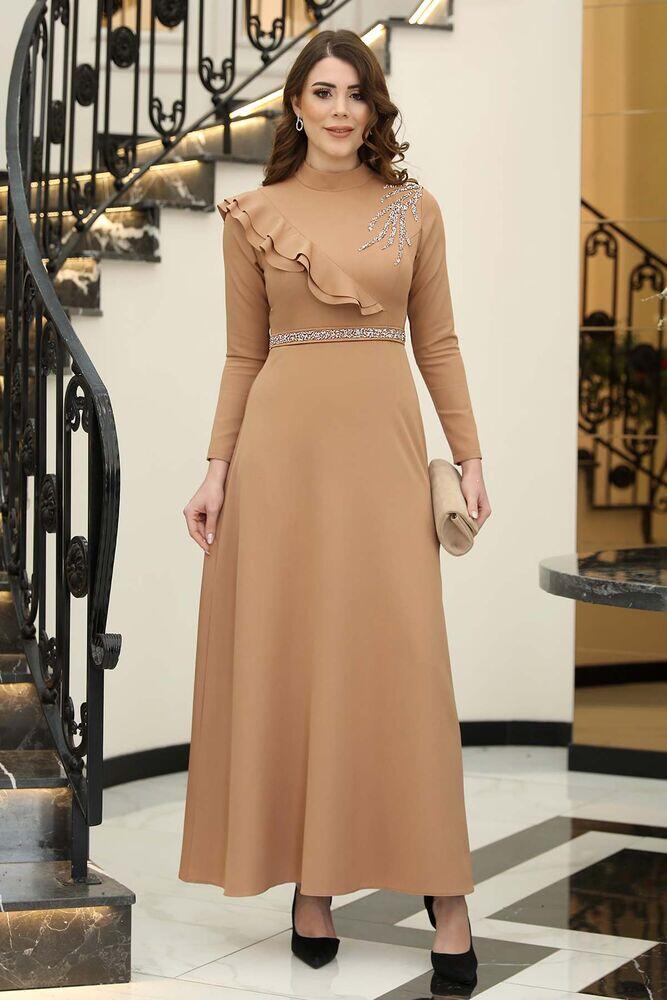 Elif Taşlı Tesettür Elbise Camel - Elben Tesettür Giyim - ELN1015 