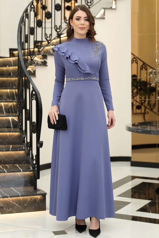 Elif Taşlı Tesettür Elbise Mavi - Elben Tesettür Giyim - ELN1015 - Elben Tesettür Giyim