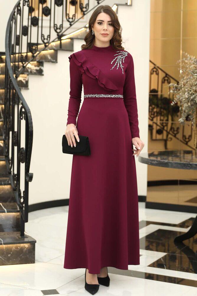 Elif Taşlı Tesettür Elbise Mürdüm - Elben Tesettür Giyim - ELN1015 - Elben Tesettür Giyim