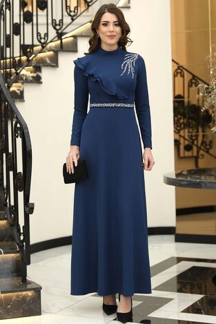Elif Taşlı Tesettür Elbise Petrol - Elben Tesettür Giyim - ELN1015 