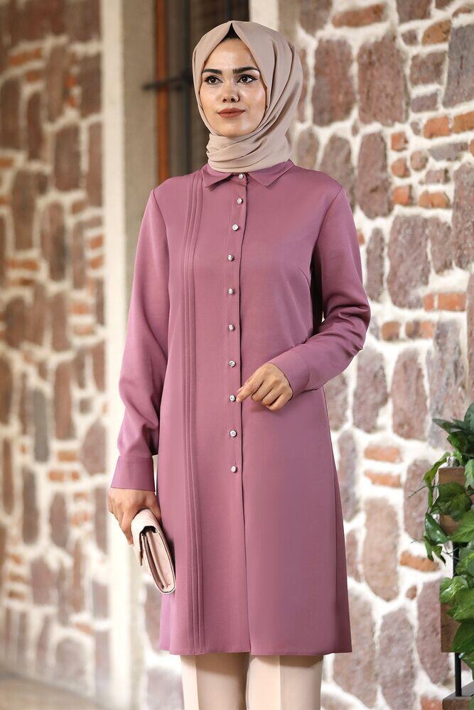 Eliz Nervürlü Boydan Düğmeli Uzun Tunik - Gül Kurusu - Ahunur Moda Tesettür Giyim