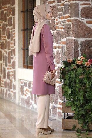 Eliz Nervürlü Boydan Düğmeli Uzun Tunik - Gül Kurusu 