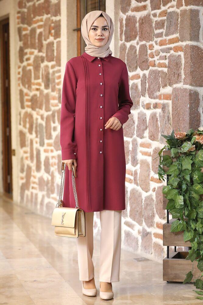 Eliz Nervürlü Boydan Düğmeli Uzun Tunik - Mürdüm - Ahunur Moda Tesettür Giyim