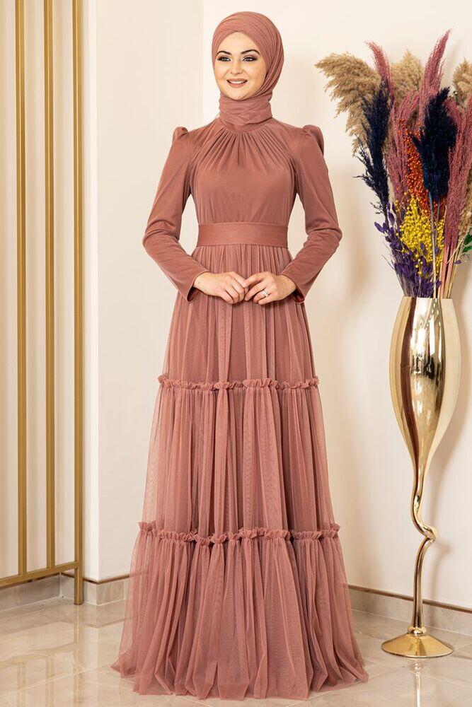 Eteği Fırfırlı Tül Abiye Soğan Kabuğu - Fashion Showcase Design - FSC2087 - Fashion Showcase Design