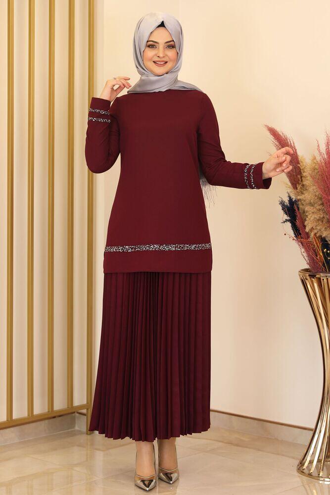 Eteği Piliseli İkili Takım Bordo - Fashion Showcase Design - ALY1003 