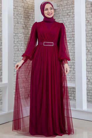 Evening Dress - Tulle Detailed - Stone Detailed Belt - Plum - MDV2042 