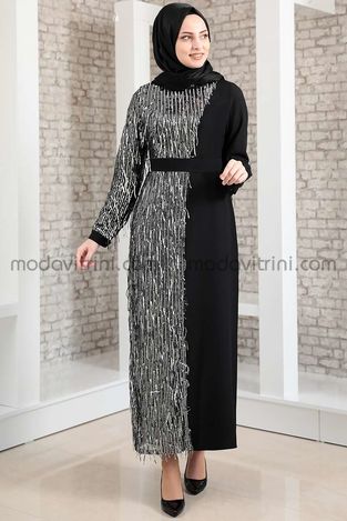 Firuze Dress - Fringed - Black & Silver - MDV2039 