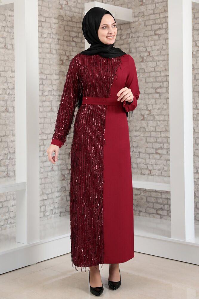 Firuze Pul Payet Abiye Elbise Bordo FSC2053 - Fashion Showcase Design