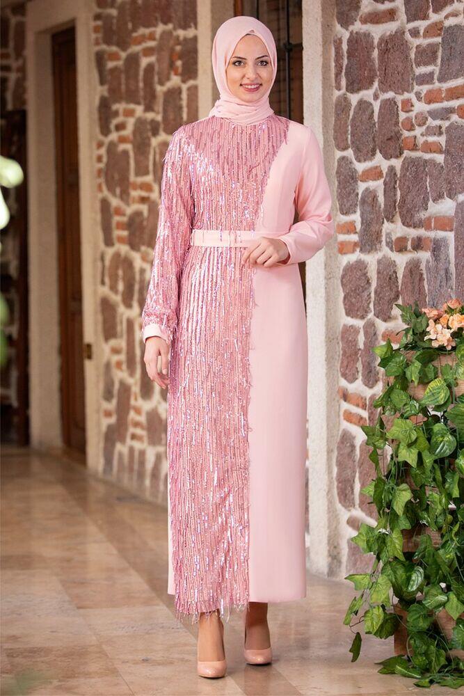 Firuze Pul Payet Abiye Elbise Pembe FSC2053 