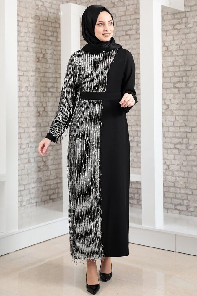 Firuze Pul Payet Abiye Elbise Siyah FSC2053 - Fashion Showcase Design