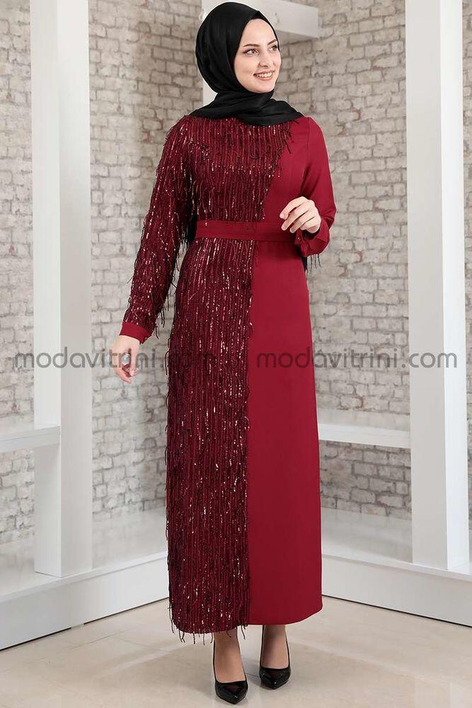 Firuze Saçaklı Elbise Bordo - MDV2039 - Fashion Showcase Design