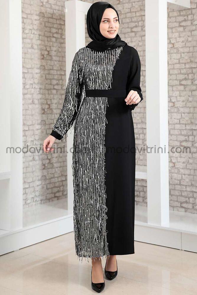 Firuze Saçaklı Elbise Siyah & Gümüş - MDV2039 - Fashion Showcase Design