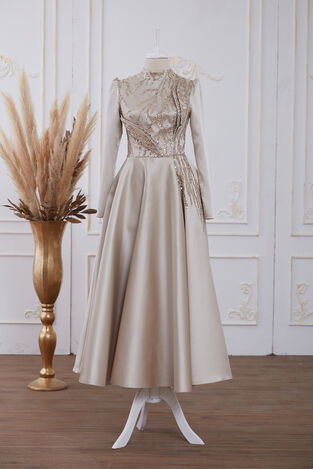 Galia Saten Abiye Bej - Dresslife Tesettür Giyim - ALM2111 