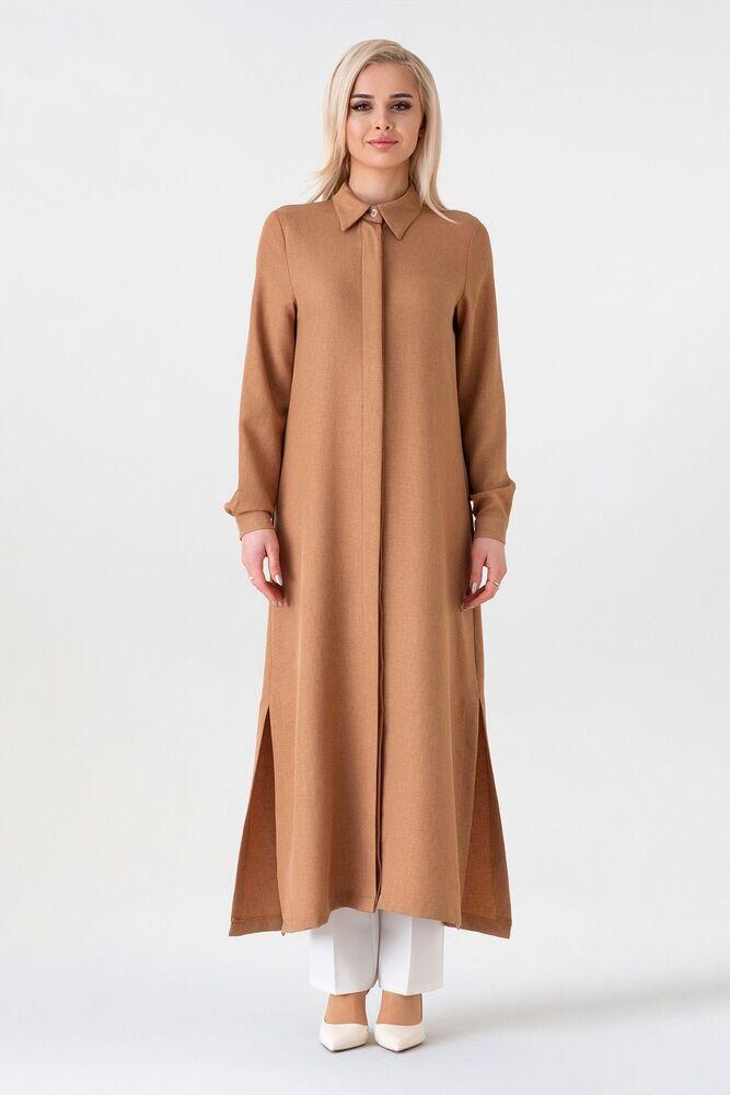 Gizli Patlı Uzun Tunik Keten Görünümlü - Kahverengi - FSC3140 - Fashion Showcase Design