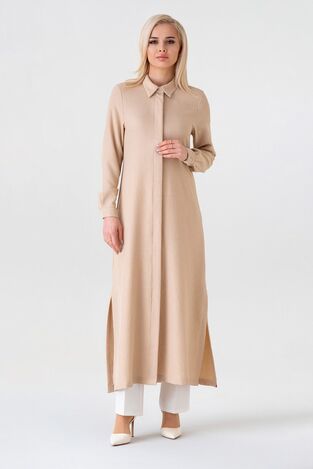 Gizli Patlı Uzun Tunik Keten Görünümlü - Taş - FSC3140 - Fashion Showcase Design