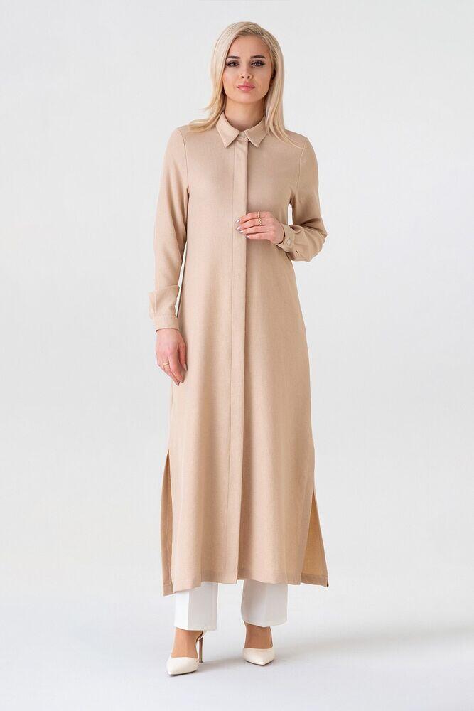 Gizli Patlı Uzun Tunik Keten Görünümlü - Taş - FSC3140 - Fashion Showcase Design