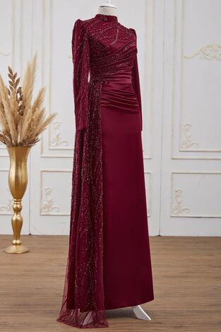 Güneş Saten Abiye Elbise Bordo - Dresslife Tesettür Giyim - ALM2112 