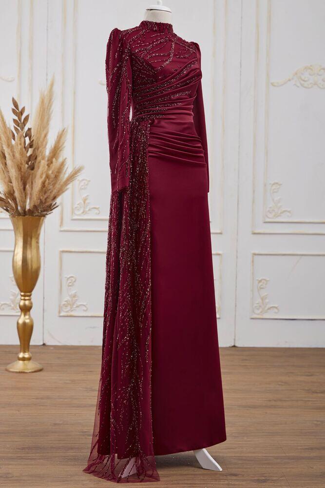 Güneş Saten Abiye Elbise Bordo - Dresslife Tesettür Giyim - ALM2112 