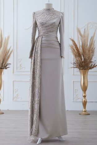 Güneş Saten Abiye Elbise Krem - Dresslife Tesettür Giyim - ALM2112 