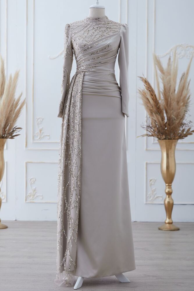 Güneş Saten Abiye Elbise Krem - Dresslife Tesettür Giyim - ALM2112 