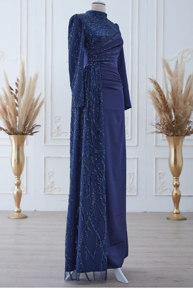 Güneş Saten Abiye Elbise Lacivert - Dresslife Tesettür Giyim - ALM2112 