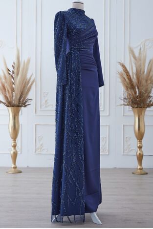 Güneş Saten Abiye Elbise Lacivert - Dresslife Tesettür Giyim - ALM2112 