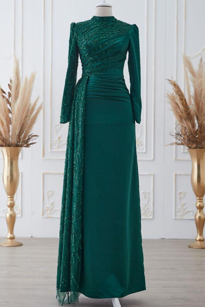 Güneş Saten Abiye Elbise Zümrüt - Dresslife Tesettür Giyim - ALM2112 