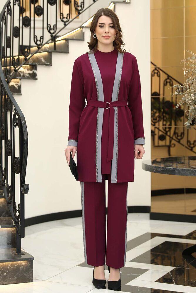 Havin Tesettür Üçlü Takım Mürdüm - Gri - Elben Tesettür Giyim - ELN1212 - Elben Tesettür Giyim