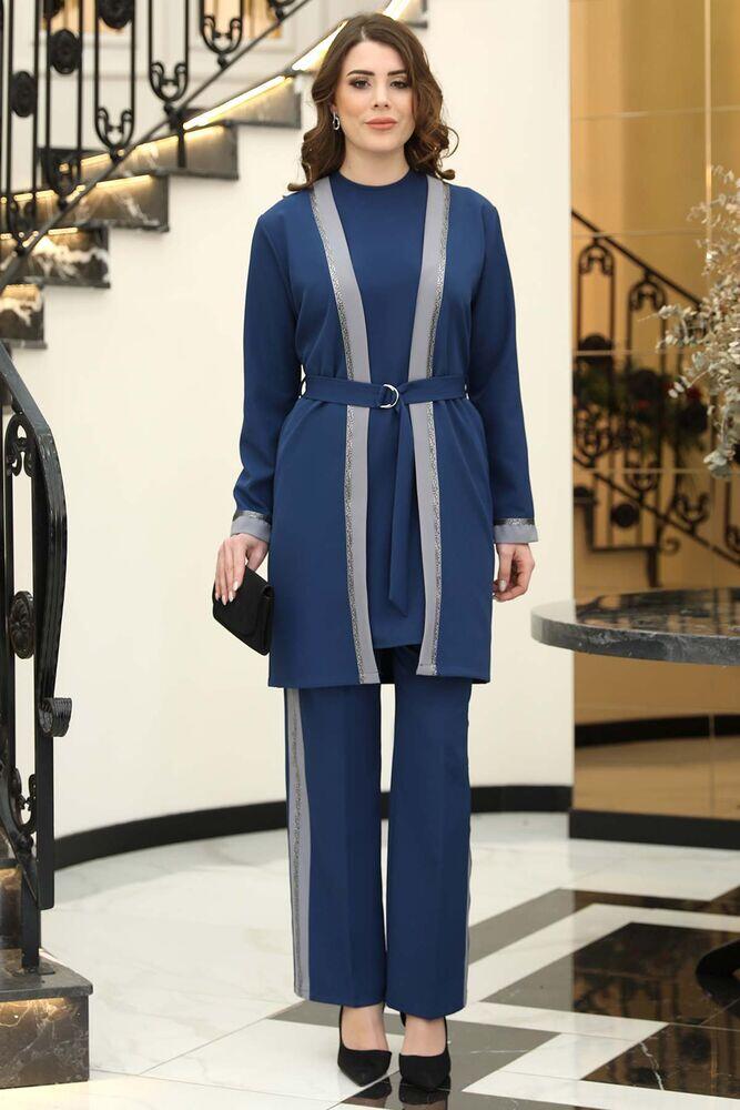 Havin Tesettür Üçlü Takım Petrol - Gri - Elben Tesettür Giyim - ELN1212 