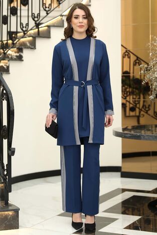 Havin Tesettür Üçlü Takım Petrol - Gri - Elben Tesettür Giyim - ELN1212 