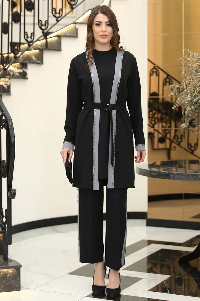 Havin Tesettür Üçlü Takım Siyah - Gri - Elben Tesettür Giyim - ELN1212 