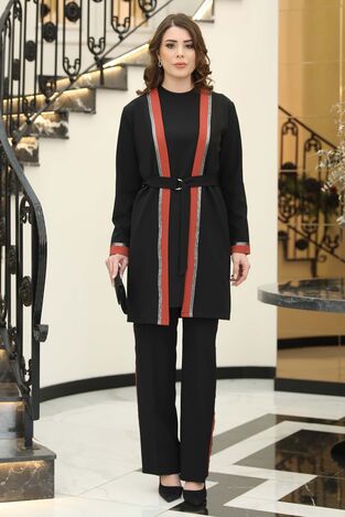 Havin Tesettür Üçlü Takım Siyah - Kiremit - Elben Tesettür Giyim - ELN1212 