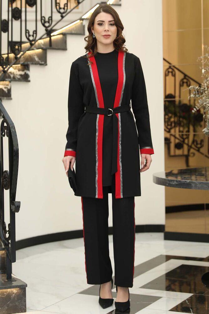 Havin Tesettür Üçlü Takım Siyah - Kırmızı - Elben Tesettür Giyim - ELN1212 - Elben Tesettür Giyim