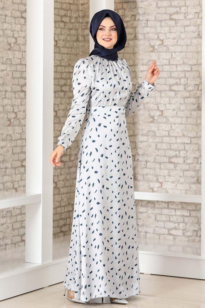 İpek Saten Desenli Elbise Gri - Fashion Showcase Design - FSC3043 - Fashion Showcase Design