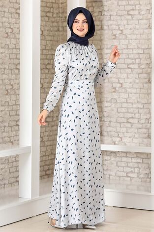 İpek Saten Desenli Elbise Gri - Fashion Showcase Design - FSC3043 