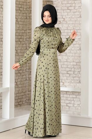 İpek Saten Desenli Elbise Haki - Fashion Showcase Design - FSC3043 
