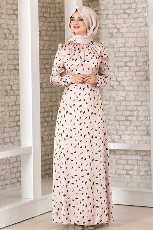 İpek Saten Desenli Elbise Krem - Fashion Showcase Design - FSC3043 